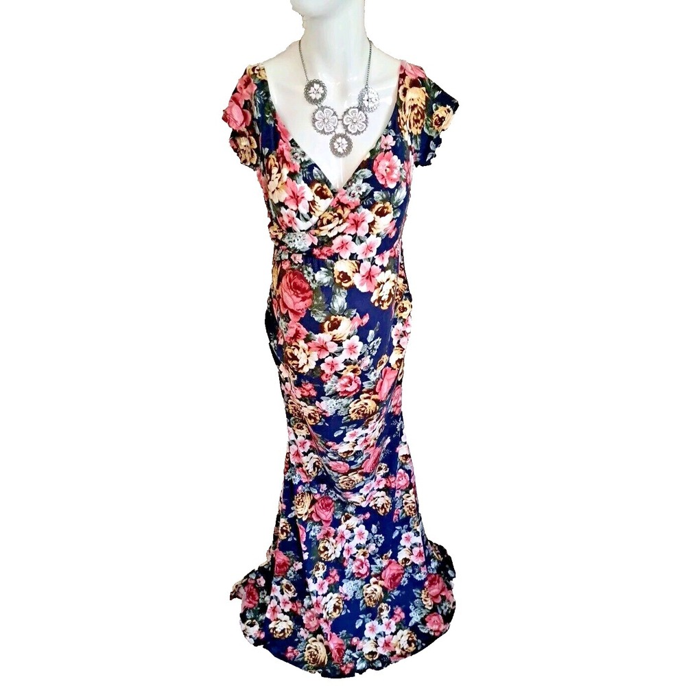 Pink Blush Maternity Dress Size M Blue Floral Nursing‎ Stretch Wrap Top Maxi